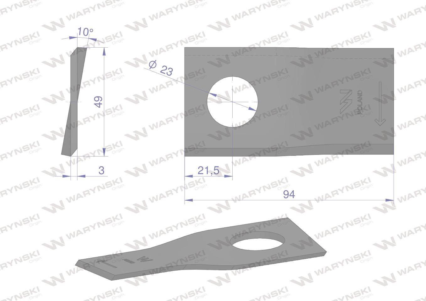 Nóż. nożyk kosiarka prawy 94x48x3mm otwór 23 zastosowanie T673R Mortl WARYŃ - zdjęcie 2