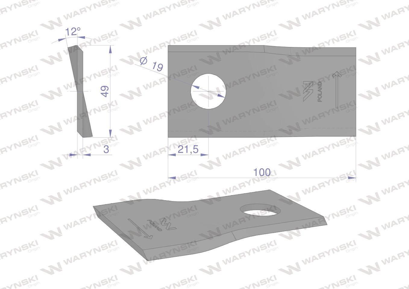 Nóż. nożyk kosiarka lewy 100x48x3mm otwór 19 zastosowanie 570419 Niemeyer W - zdjęcie 2
