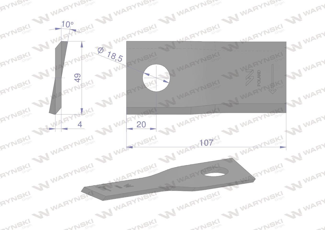 Nóż. nożyk kosiarka prawy 107x48x4mm otwór 18.5 zastosowanie 90261560 99361 - zdjęcie 2