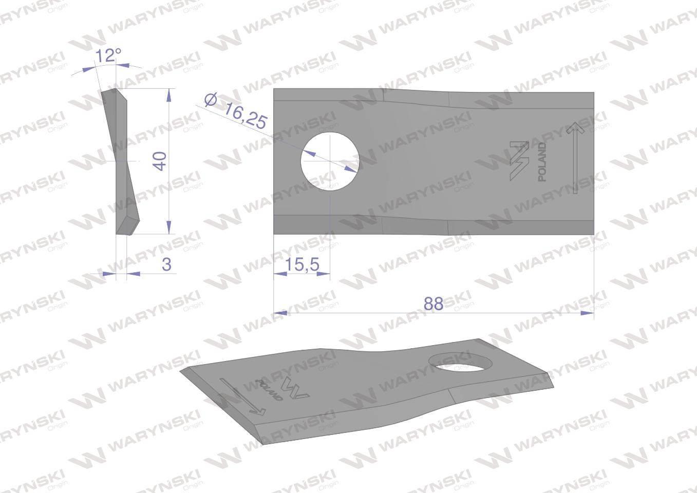 Nóż. nożyk kosiarka lewy 88x40x3mm otwór 16.25 zastosowanie 56151000 Kuhn W - zdjęcie 2