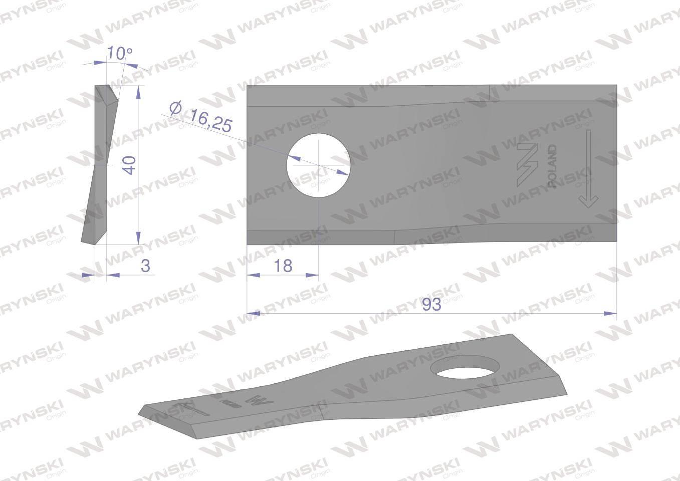 Nóż. nożyk kosiarka prawy 93x40x3mm otwór 16.2 zastosowanie 56151300 Kuhn W - zdjęcie 2