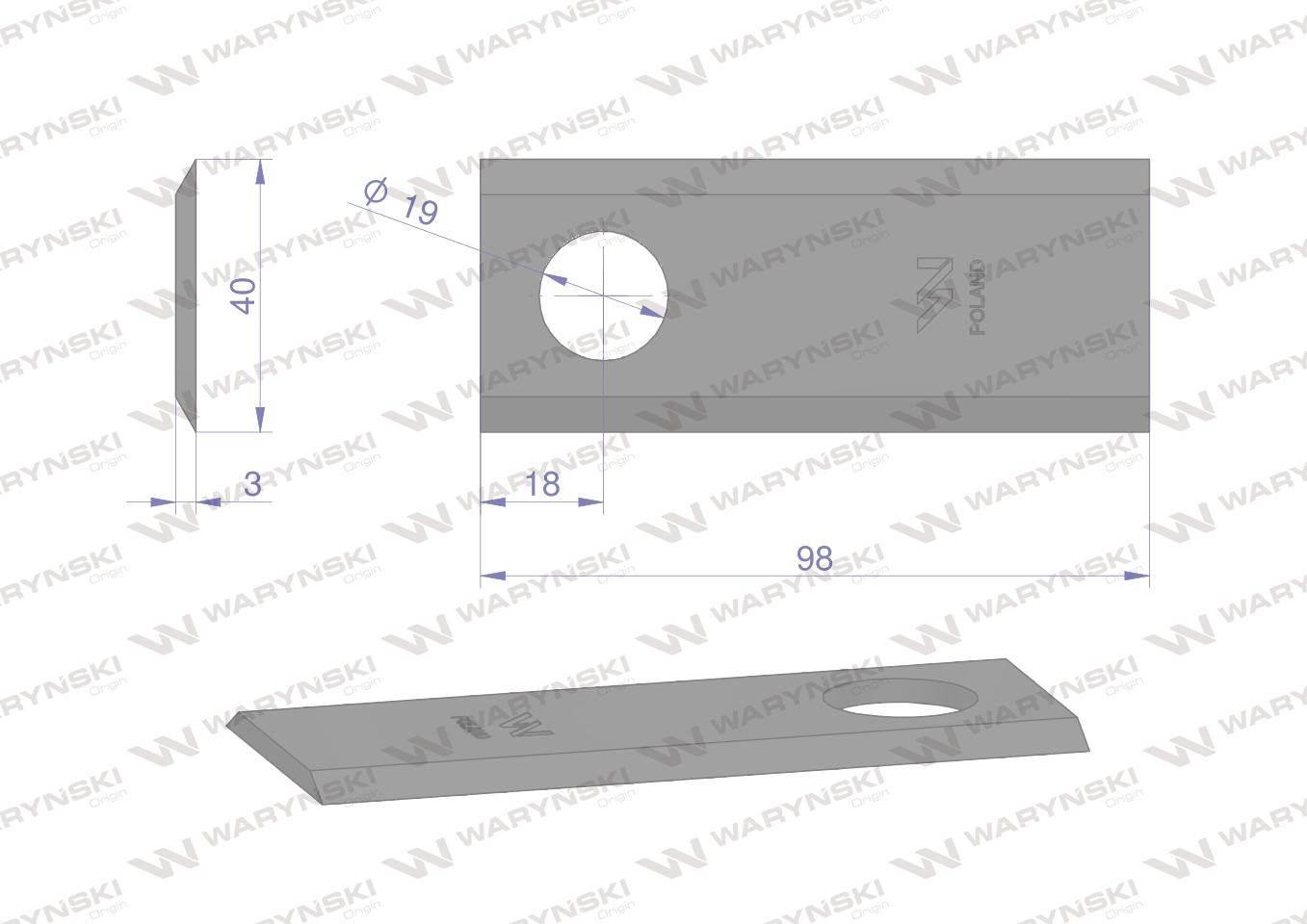 Nóż. nożyk kosiarka 98X40X3mm otwór 19 zastosowanie 98D Galfre WARYŃSKI 25s - zdjęcie 2