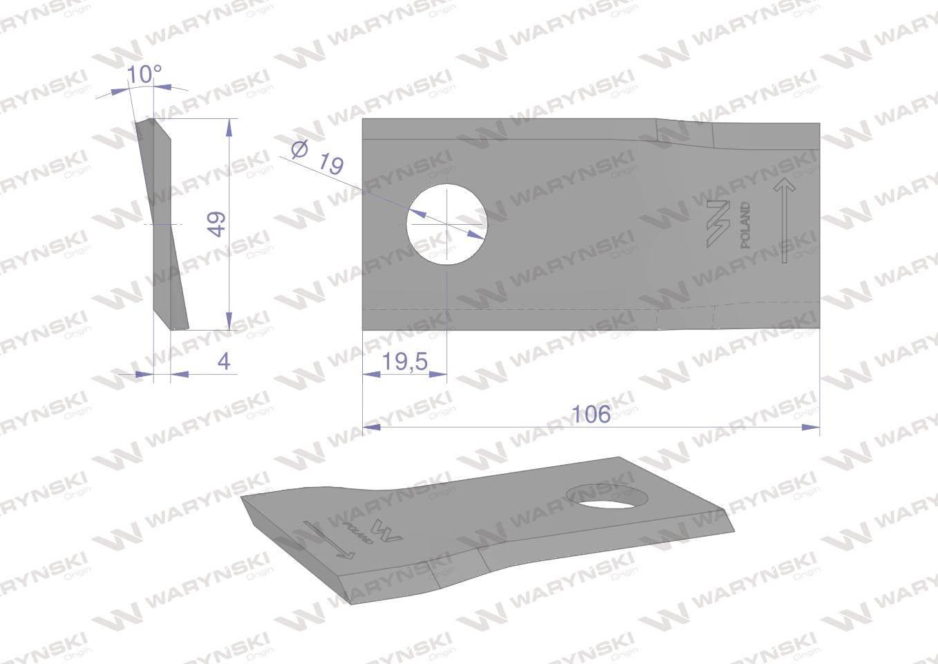 Nóż. nożyk kosiarka lewy 106x48x4mm otwór 19 zastosowanie 153967201 SIP WAR - zdjęcie 2