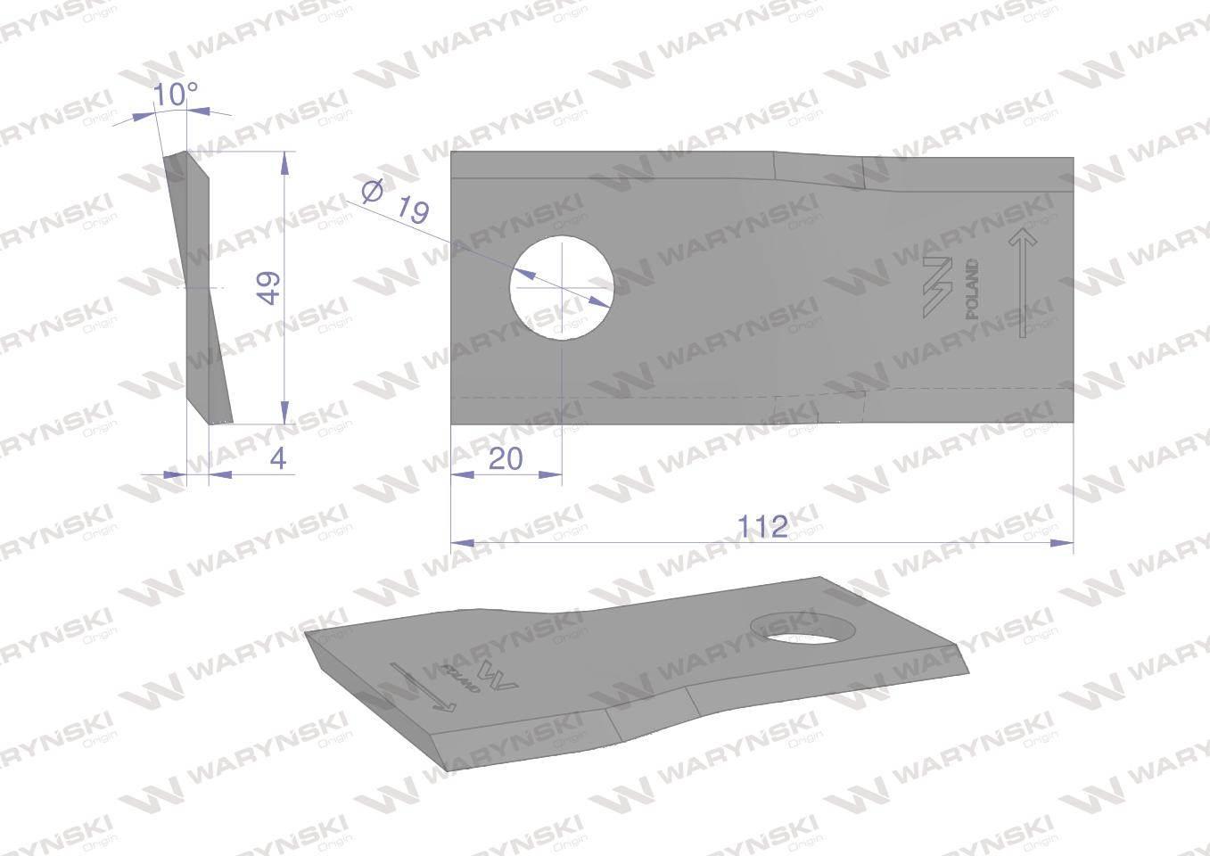 Nóż. nożyk kosiarka lewy 112x48x4mm otwór 19 zastosowanie 123706 134309 Fel - zdjęcie 2