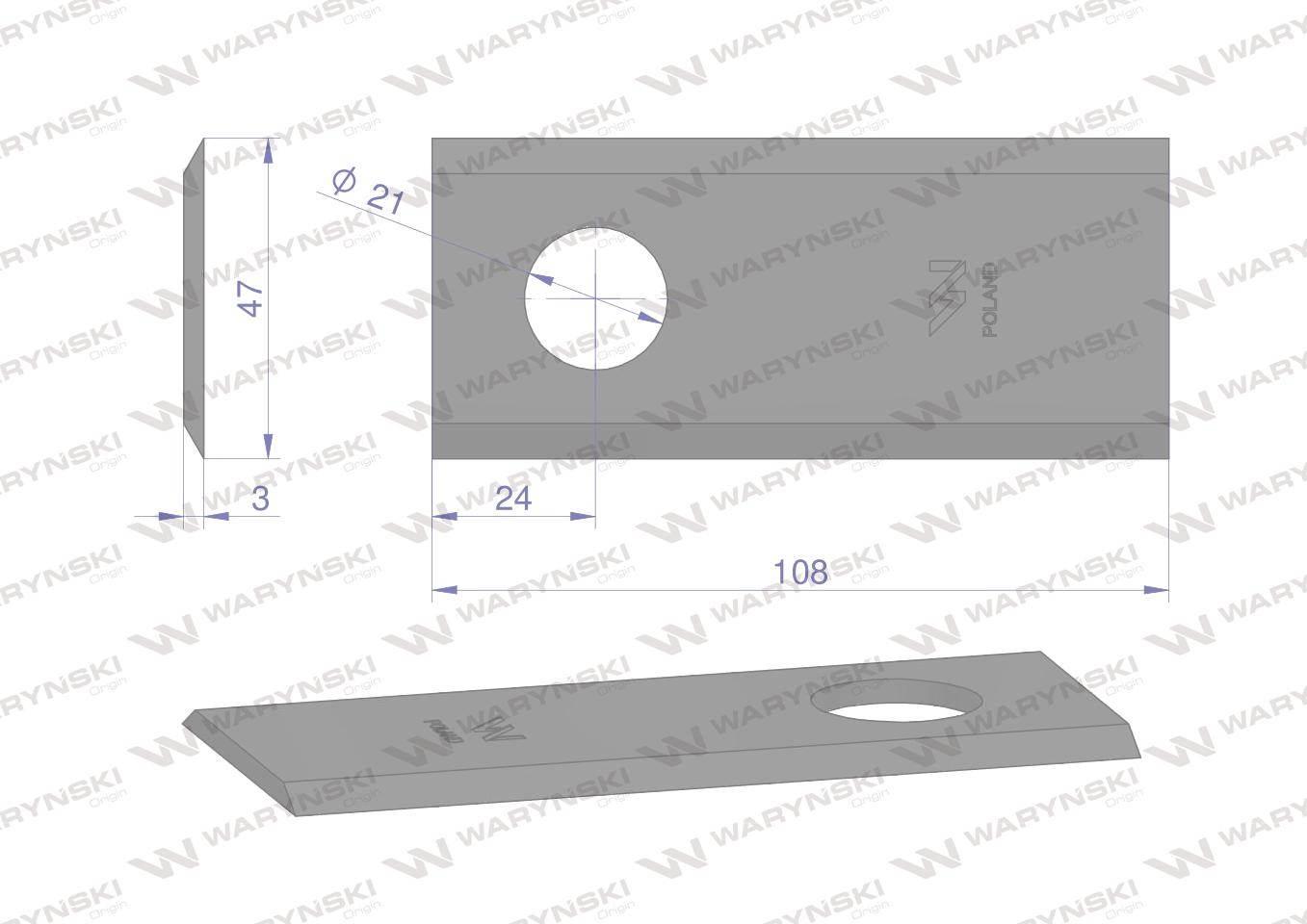 Nóż, nożyk kosiarka 108X46X3mm otwór 21 zastosowanie 108D Galfre WARYŃSKI 2 - zdjęcie 2