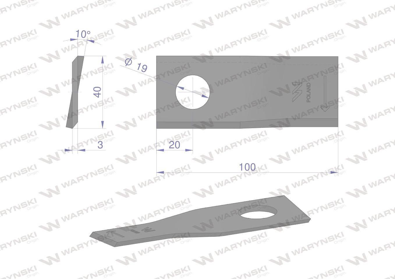 Nóż. nożyk kosiarka prawy 100x40x3mm otwór 19 zastosowanie 580290955 BCS Si - zdjęcie 2