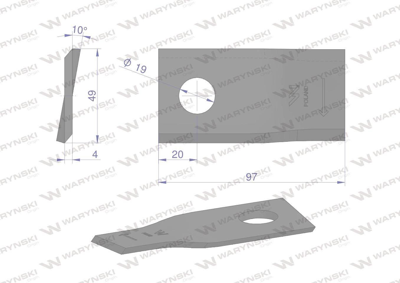 Nóż. nożyk kosiarka prawy 97x48x4mm otwór 19 zastosowanie 13800024 JF-Stoll - zdjęcie 2