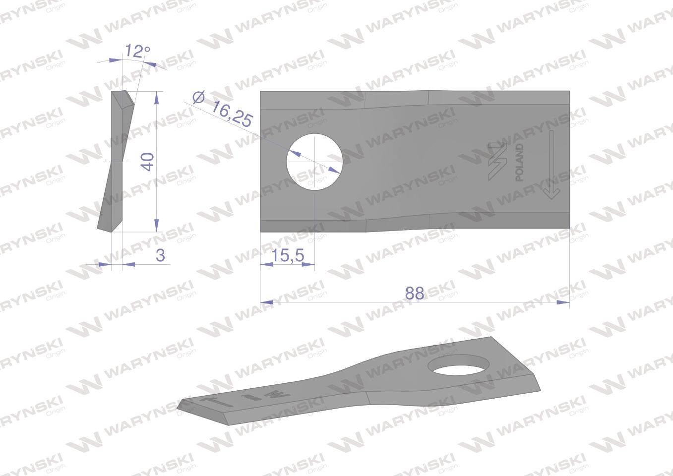 Nóż. nożyk kosiarka prawy 88x40x3mm otwór 16.25 zastosowanie 56151100 Kuhn - zdjęcie 2