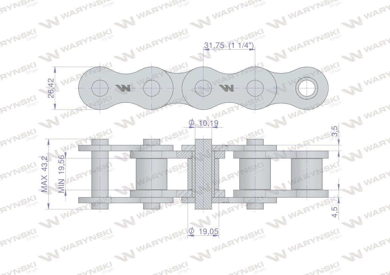 Łańcuch rolkowy 20B-1 (R1 1.1/4) 2.5 m Waryński W-L20B1-2.5M - zdjęcie 2