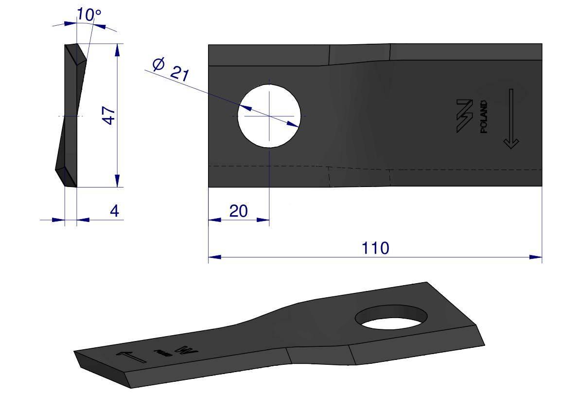 Nóż. nożyk kosiarka prawy 110X48X4mm otwór 21 zastosowanie RF 110/4 Famarol - zdjęcie 2