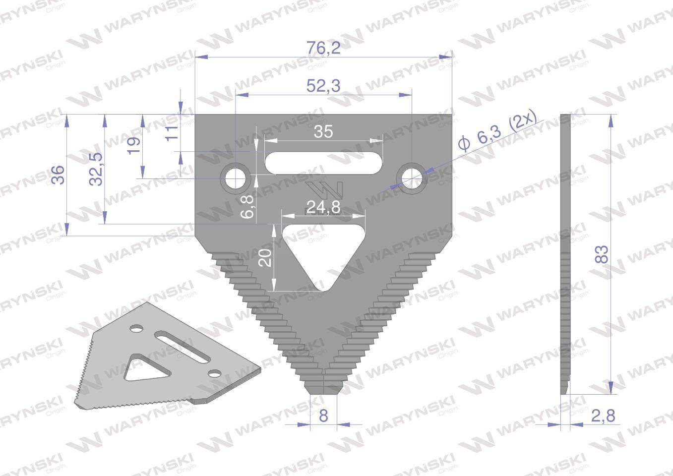 Nóż żniwny 83x76x3mm otwór 6.5 zastosowanie H207929 Schumacher WARYŃSKI 25s - zdjęcie 2