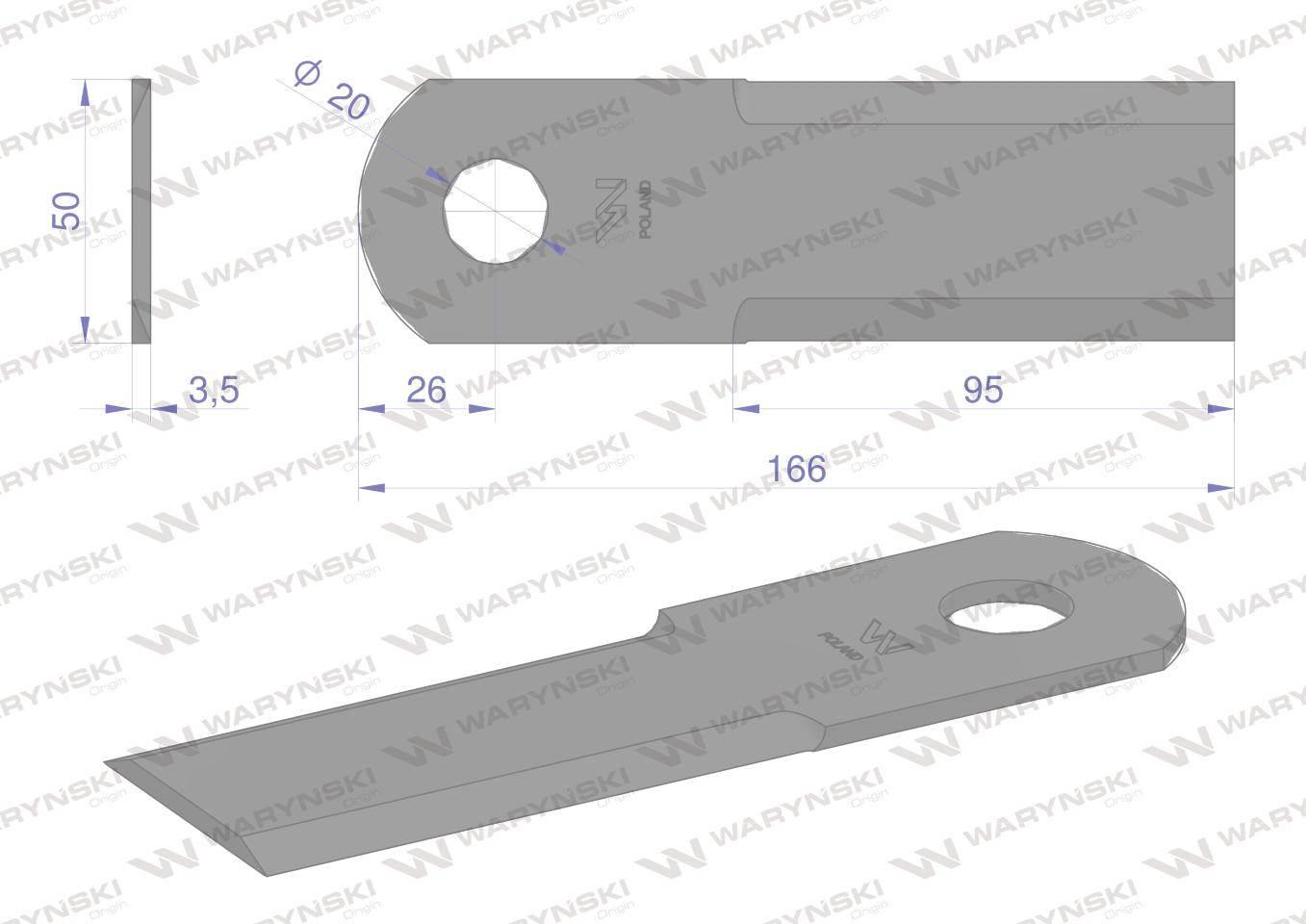 Nóż obrotowy rozdrabniacz słomy sieczkarnia 166x50x3.5mm otwór 20 zastosowa