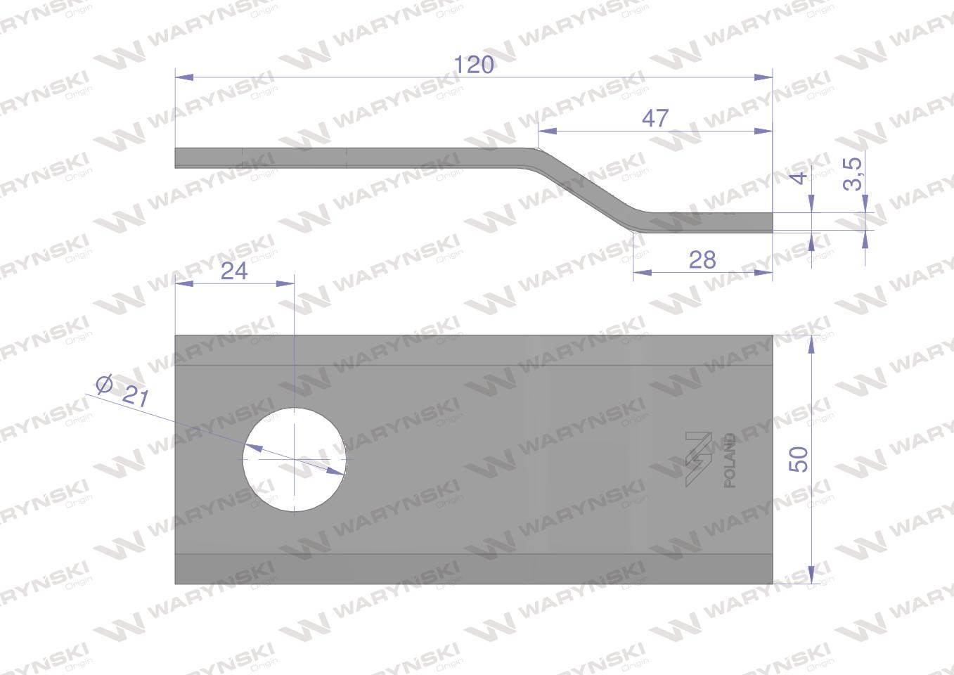 Nóż. nożyk kosiarka gięty 120x50x4mm otwór 21 zastosowanie 434122 Pottinger - zdjęcie 2