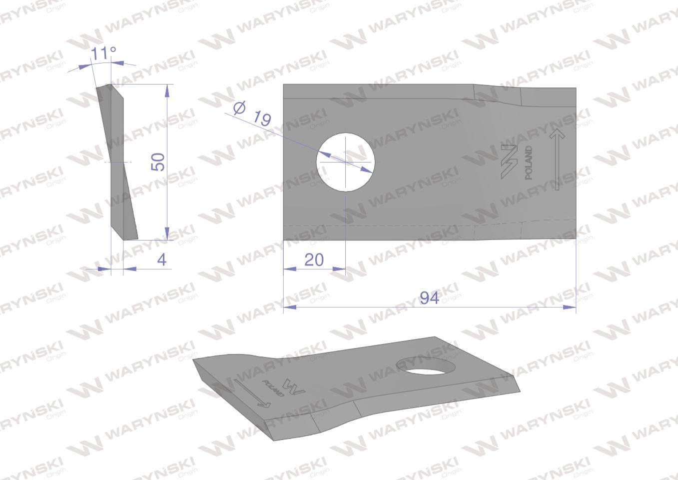 Nóż. nożyk kosiarka lewy 94x50x4mm otwór 19 zastosowanie 58031193 BCS WARYŃ - zdjęcie 2