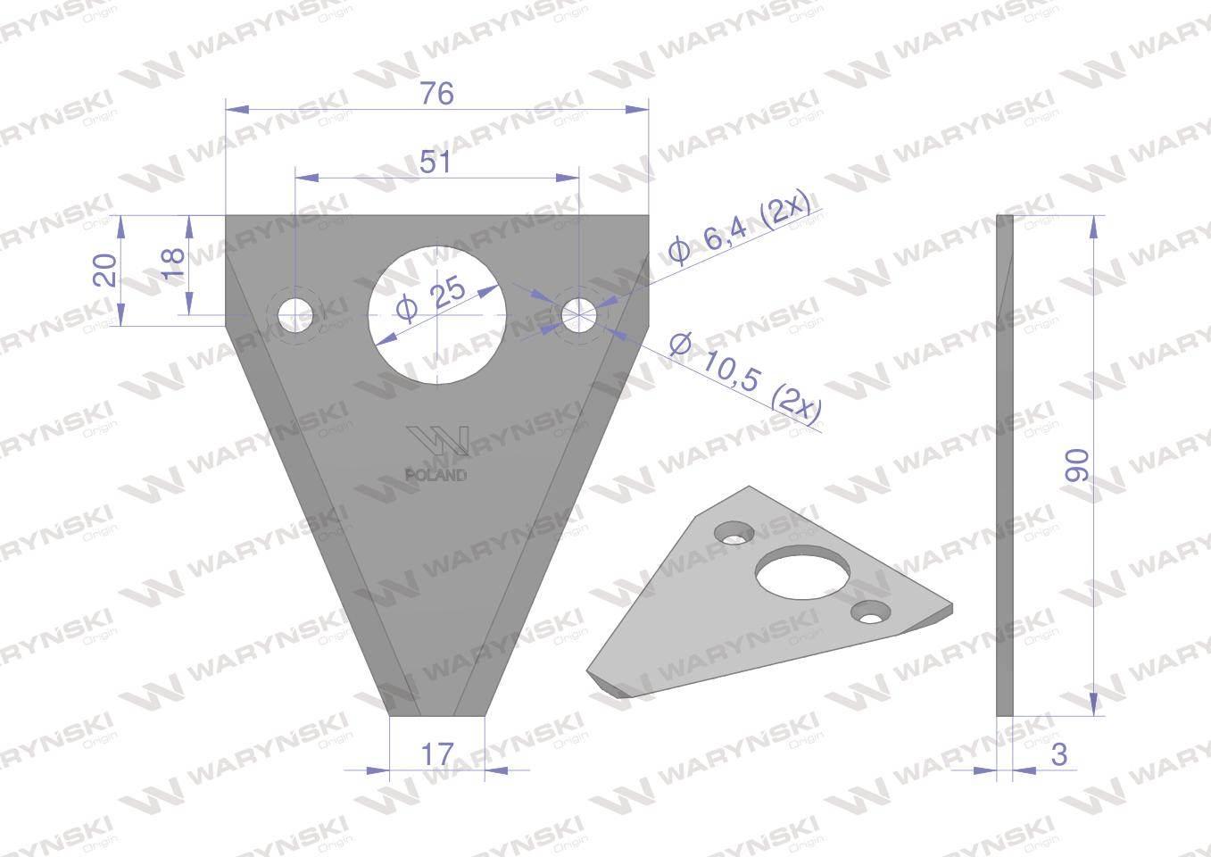Nóż żniwny 90x76x3mm otwór 6.5 zastosowanie D18 Fortschritt WARYŃSKI 25szt - zdjęcie 2