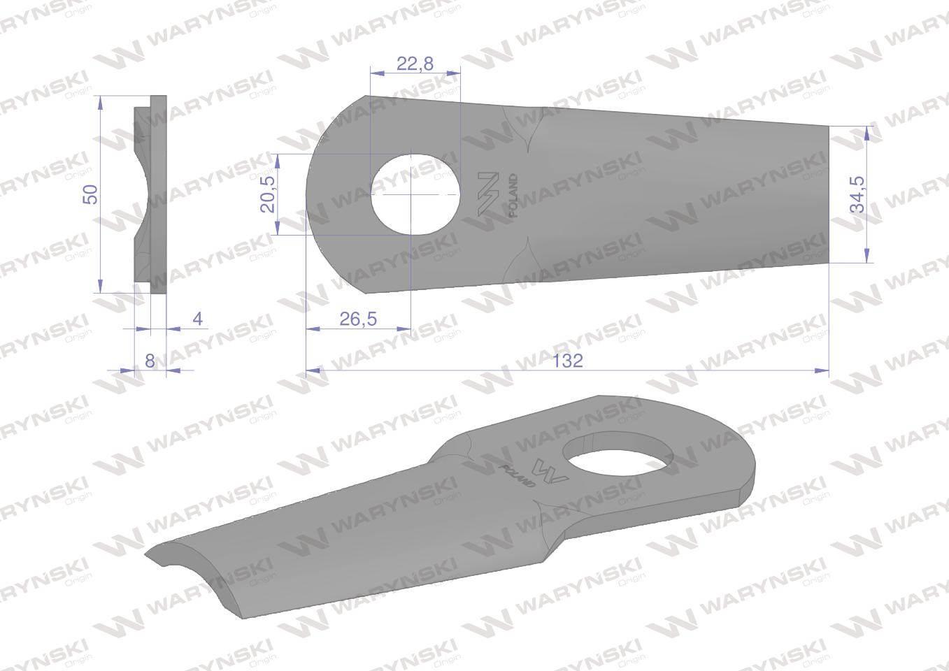 Nóż. nożyk kosiarka gięty 132X50X4mm otwór 20.5x23 zastosowanie 13800013 JF - zdjęcie 2