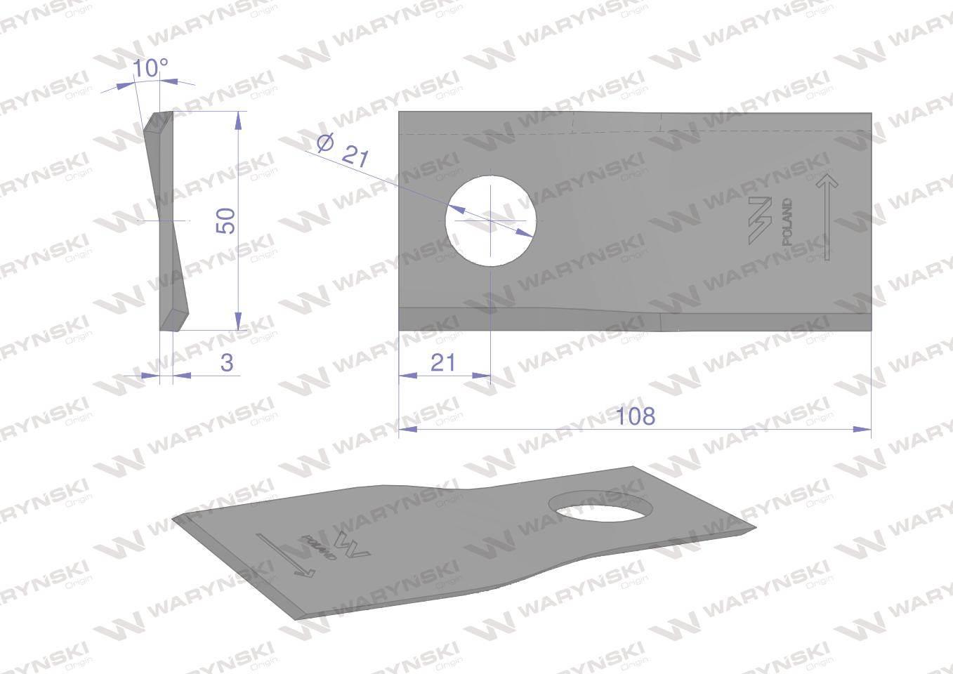 Nóż. nożyk kosiarka lewy 108X50X3mm otwór 21 zastosowanie RF 108/3 Famarol - zdjęcie 2