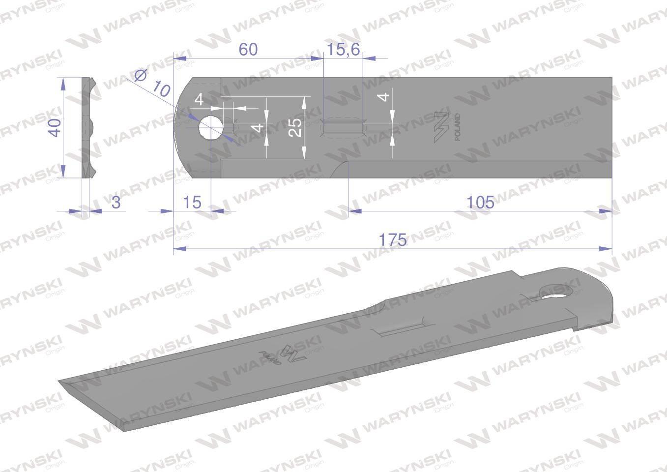 Nóż stały rozdrabniacz słomy sieczkarnia 175x40x3mm otwór 10 zastosowanie 1 - zdjęcie 2