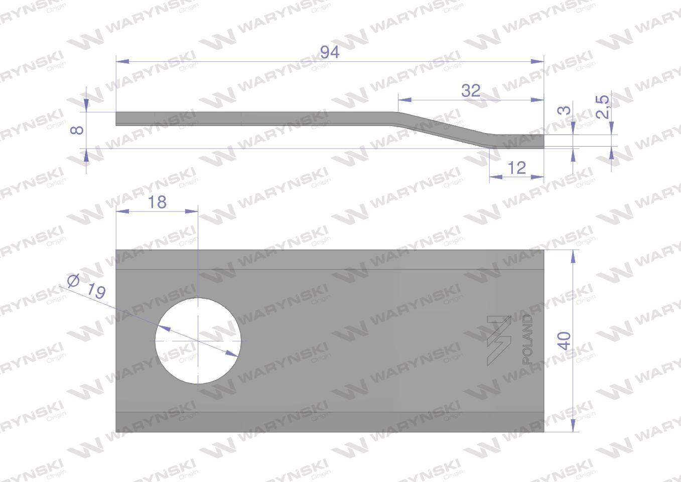 Nóż. nożyk kosiarka gięty 94X40X3mm otwór 19 zastosowanie Deutz Fahr 94/P 1 - zdjęcie 2