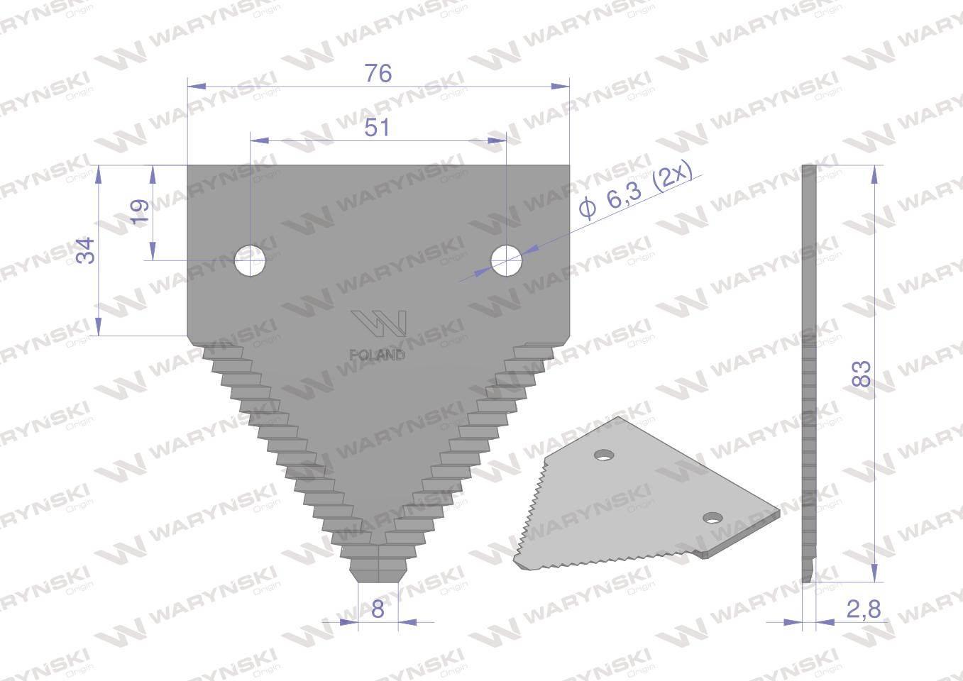 Nóż żniwny 83x76x2.8mm otwór 6.5 zastosowanie P49650 AZ32298 John Deere WAR - zdjęcie 2