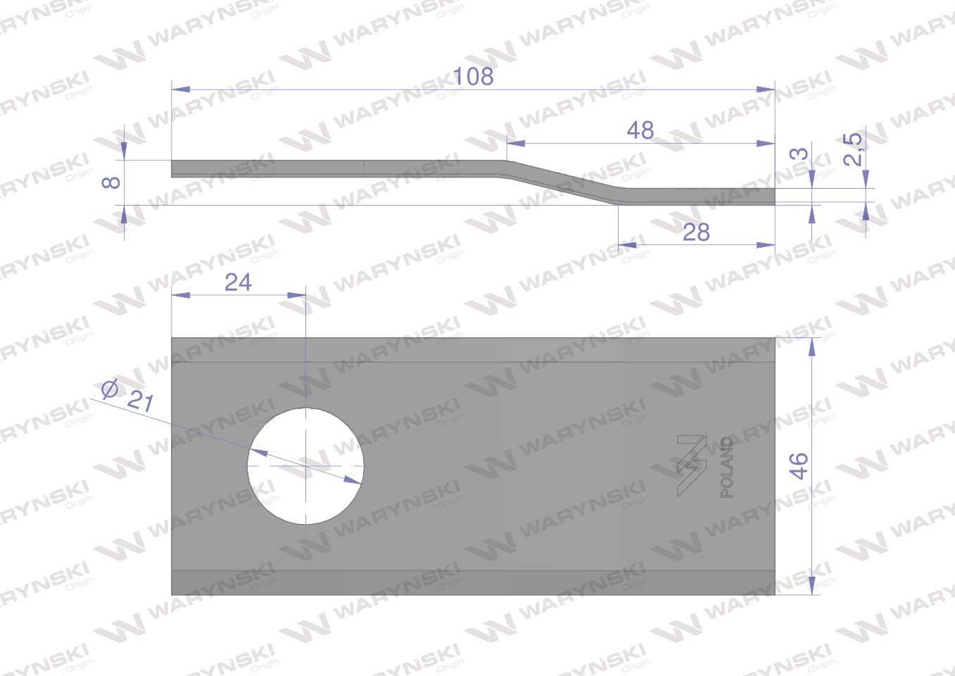 Nóż. nożyk kosiarka gięty 108x46x3mm otwór 21 zastosowanie 108P Galfre WARY - zdjęcie 2