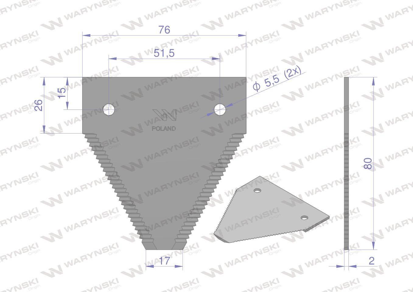 Nóż żniwny 80x76x2mm otwór 5.5 zastosowanie 614670.0 Claas WARYŃSKI 25szt - zdjęcie 2