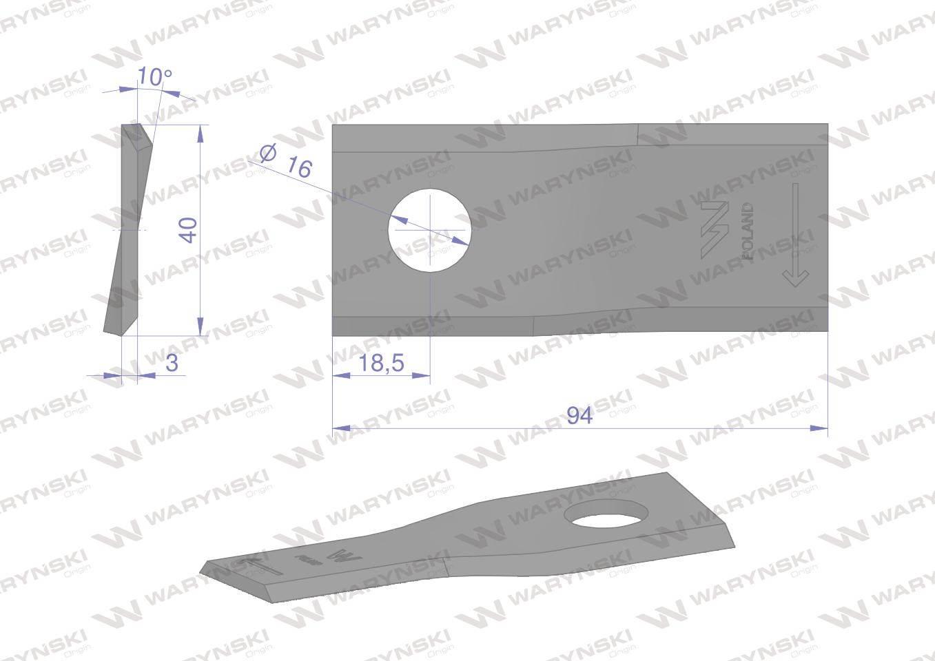 Nóż. nożyk kosiarka prawy 94X40X3mm otwór 16 zastosowanie RF 94 Famarol WAR - zdjęcie 2
