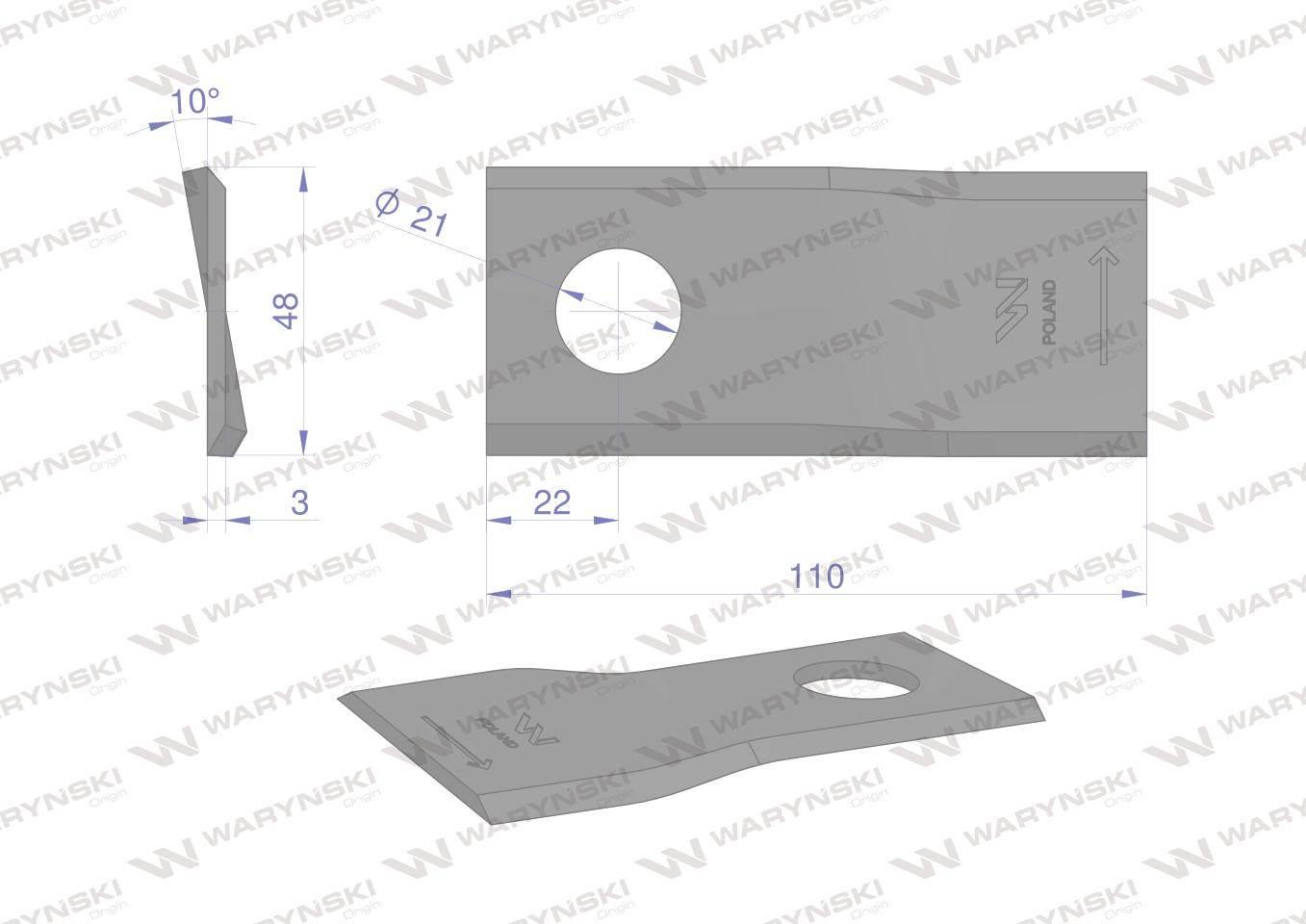 Nóż. nożyk kosiarka lewy 110x48x3mm otwór 21 zastosowanie 108L Galfre WARYŃ - zdjęcie 2