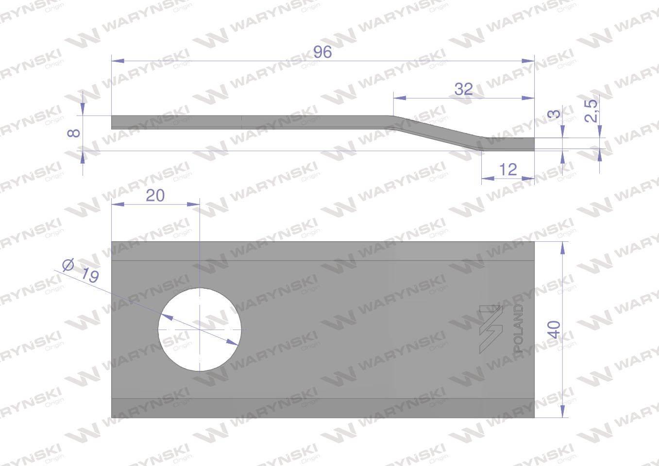 Nóż. nożyk kosiarka gięty 96X40X3mm otwór 19 zastosowanie 06561544 Deutz Fa - zdjęcie 2