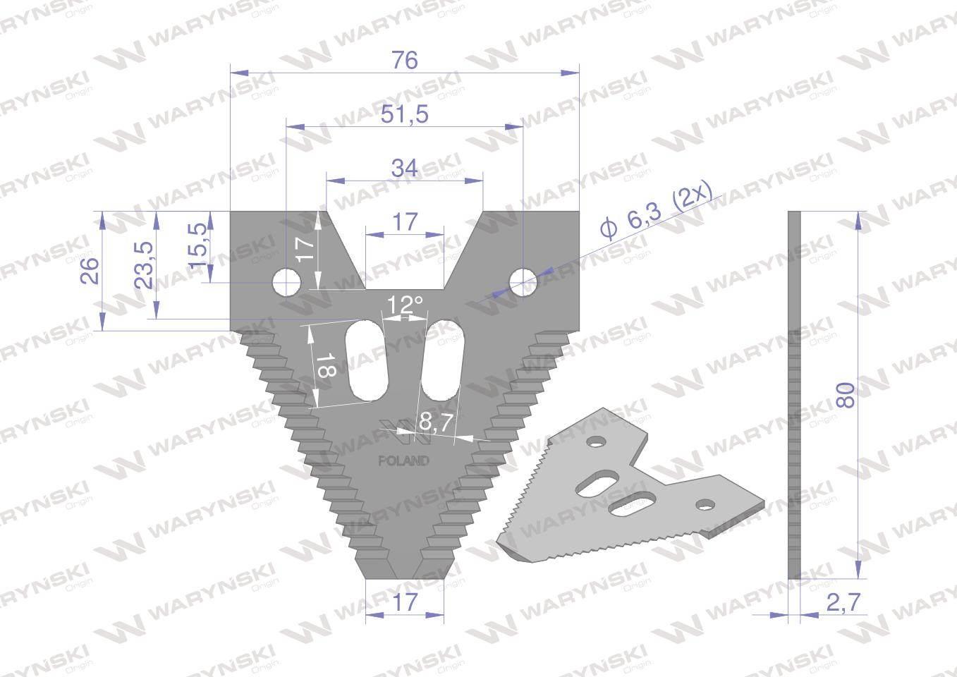 Nóż żniwny 80x76x2.8mm otwór 6.5 zastosowanie Z52672 Schumacher WARYŃSKI 25 - zdjęcie 2