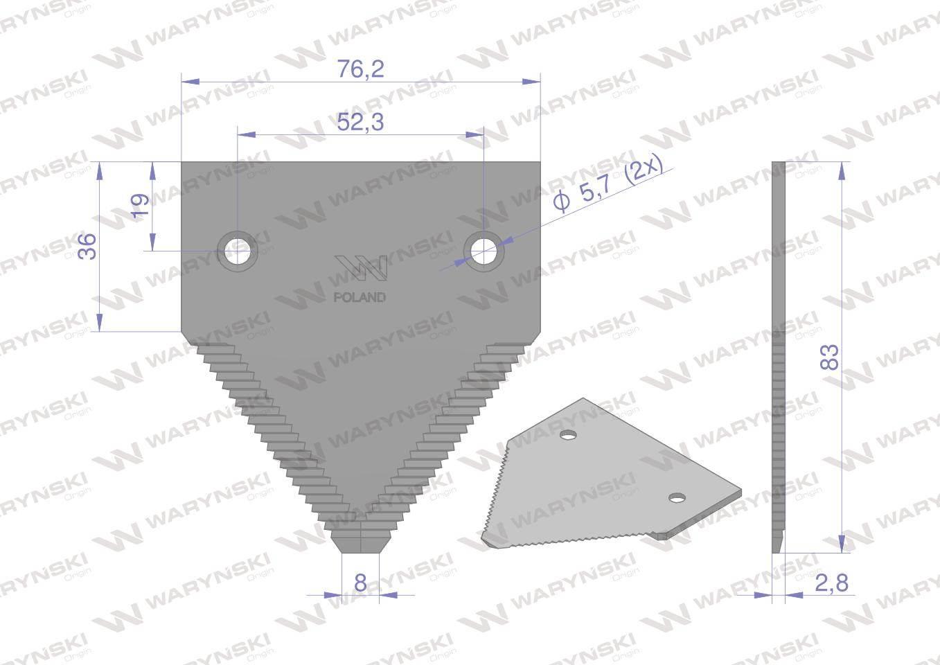 Nóż żniwny 83x76x3mm otwór 5.7 zastosowanie H213799 Schumacher WARYŃSKI 25s - zdjęcie 2