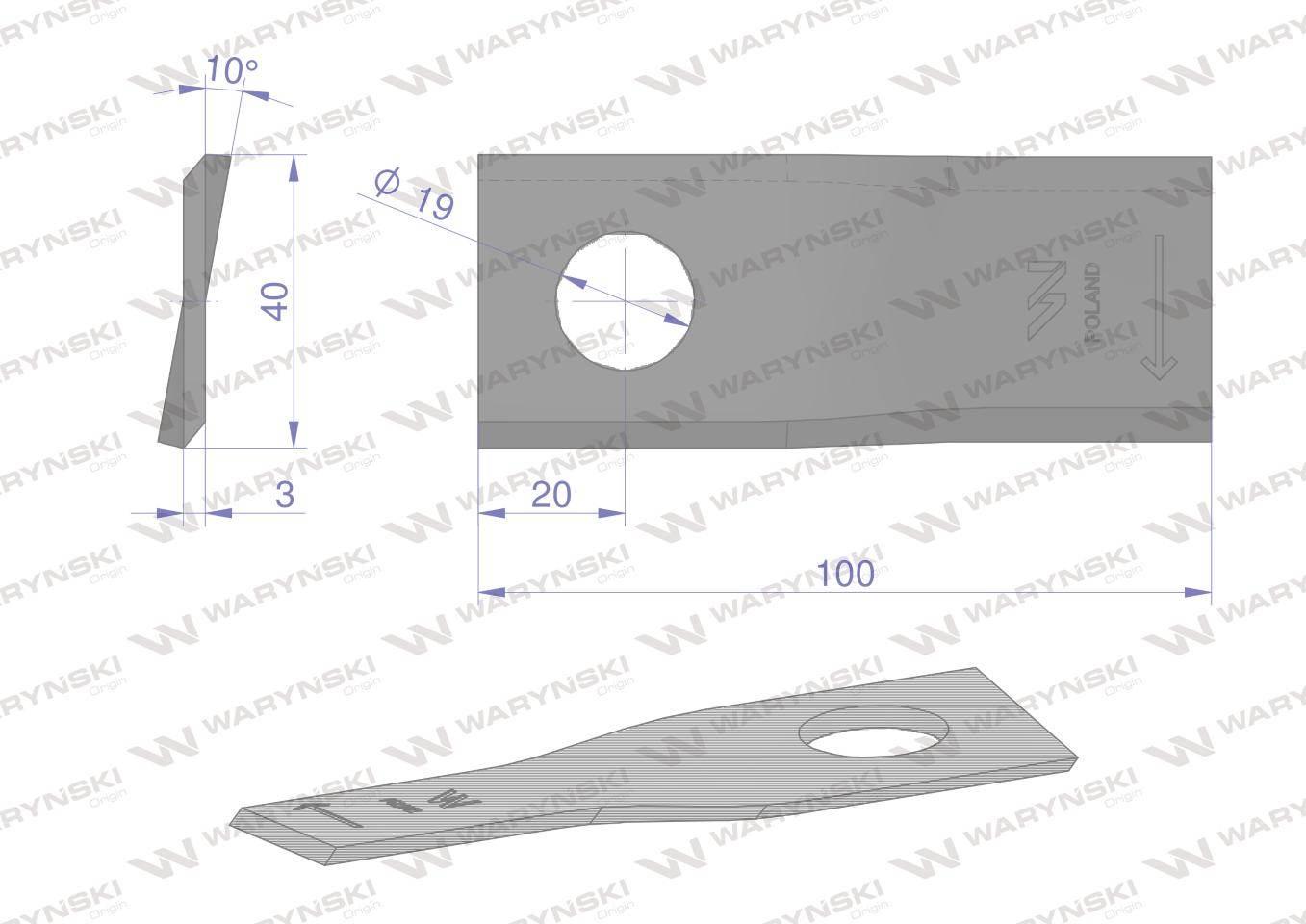 Nóż. nożyk kosiarka prawy 100X40X3mm otwór 19 zastosowanie RS 100/3 Sipma W - zdjęcie 2