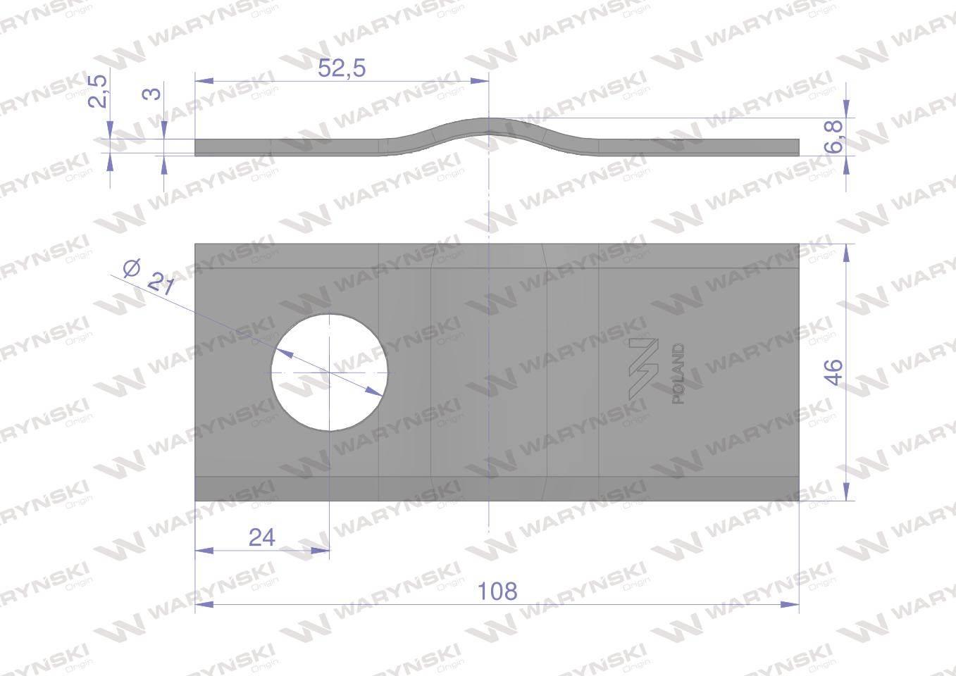 Nóż. nożyk kosiarka gięty 108x46x3mm otwór 21 zastosowanie CM120-108 PZ WAR - zdjęcie 2