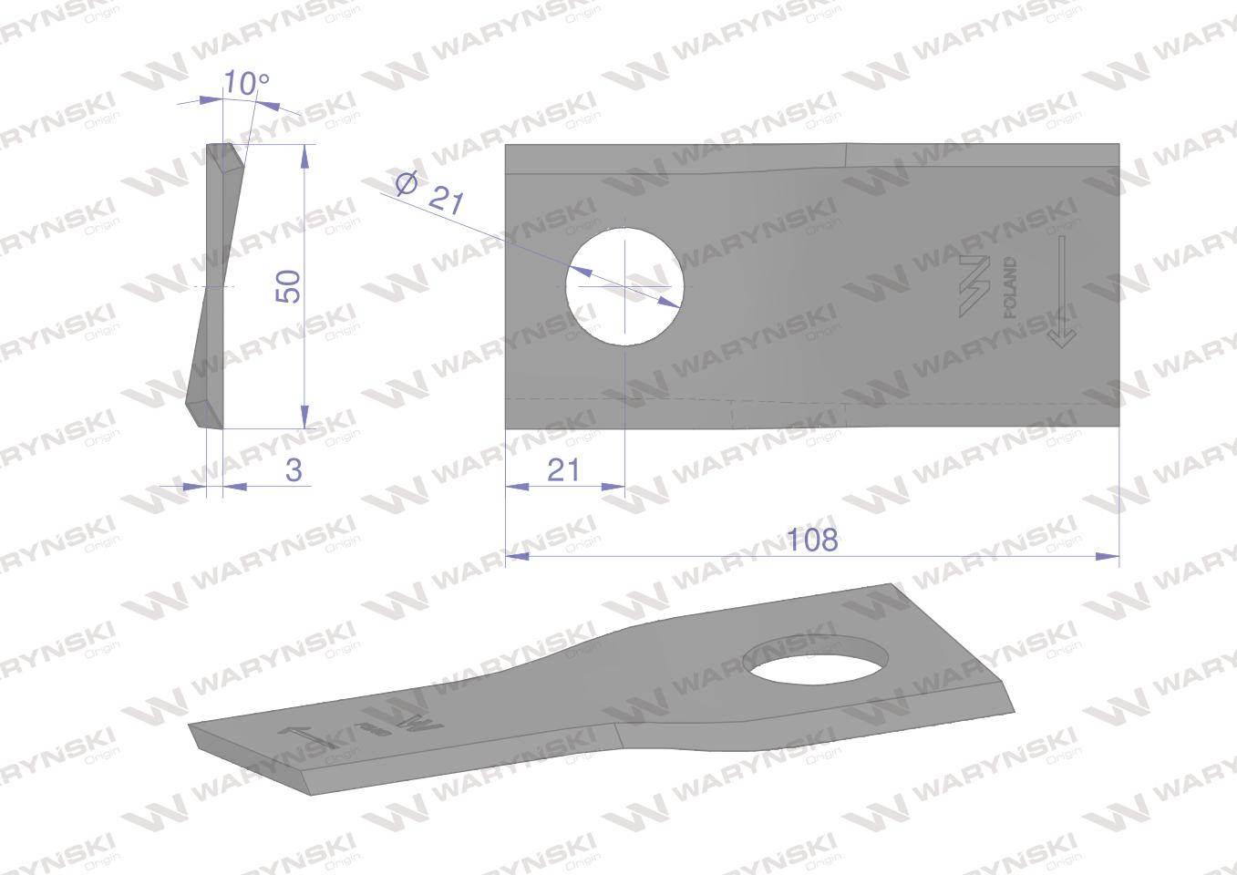 Nóż. nożyk kosiarka prawy 108X50X3mm otwór 21 zastosowanie RF 108/3 Famarol - zdjęcie 2