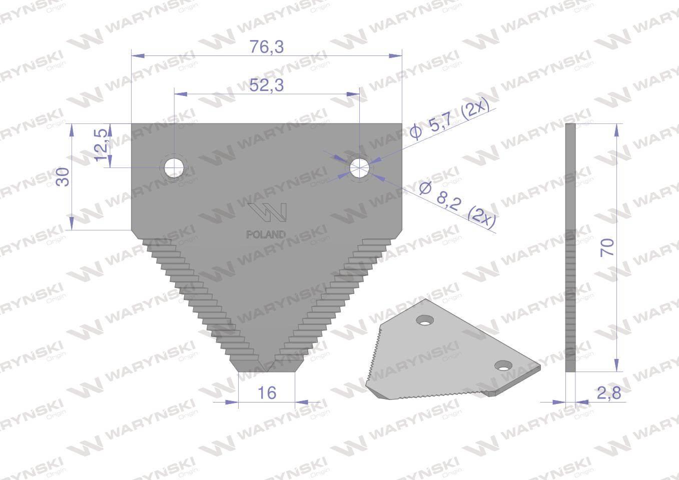 Nóż żniwny 70x76x2.8mm otwór 5.5 zastosowanie 6889590 Claas WARYŃSKI 25szt - zdjęcie 2