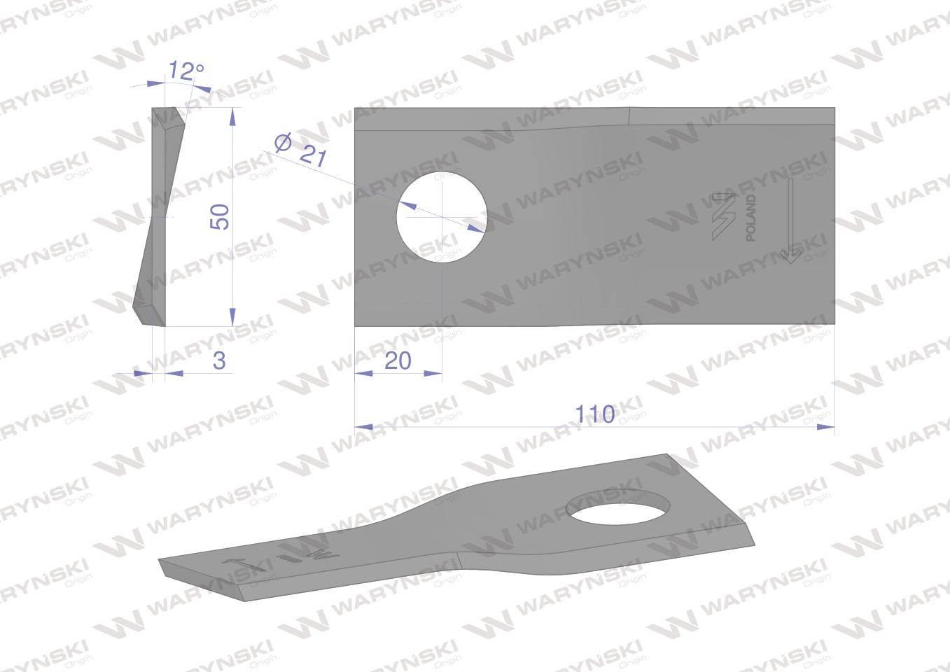 Nóż. nożyk kosiarka prawy 110x50x3mm otwór 21 zastosowanie 4047015 Galfre W - zdjęcie 2