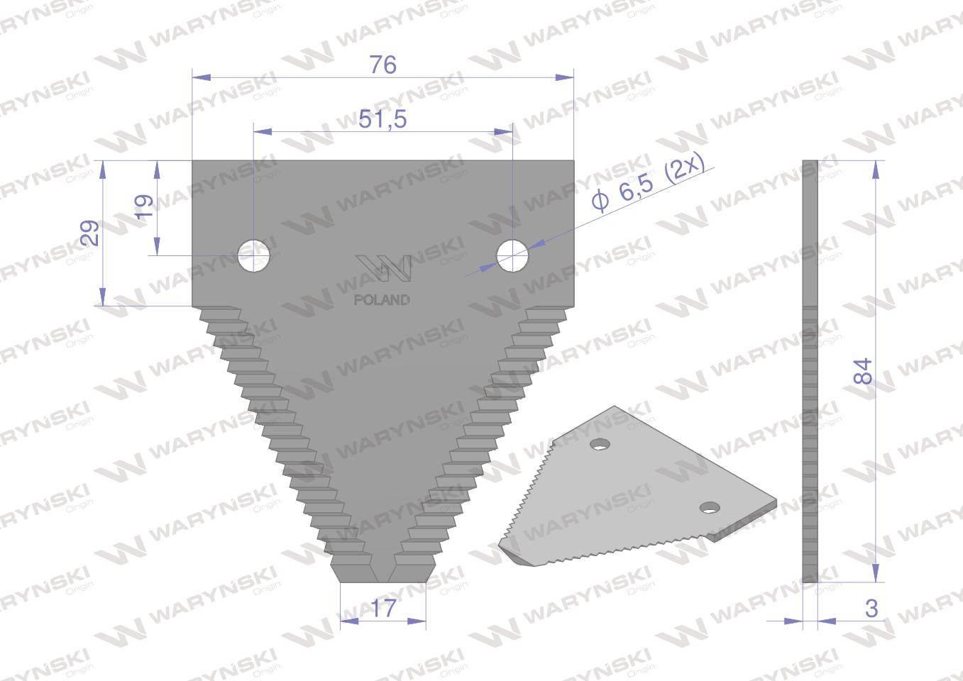 Nóż żniwny 84x76x3mm otwór 6.5 zastosowanie 611203.1 Claas WARYŃSKI 25szt - zdjęcie 2