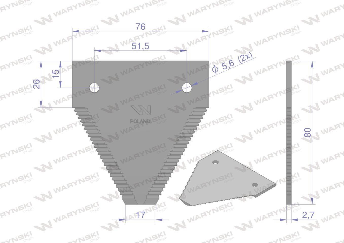 Nóż żniwny 80x76x2.7mm otwór 5.5 zastosowanie 614670.1 Claas WARYŃSKI 25szt - zdjęcie 2
