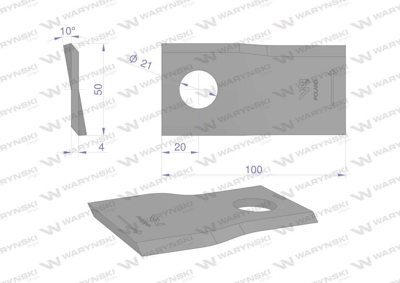 Nóż. nożyk kosiarka lewy 100X50X4mm otwór 21 zastosowanie RS100 Samasz WARY - zdjęcie 2