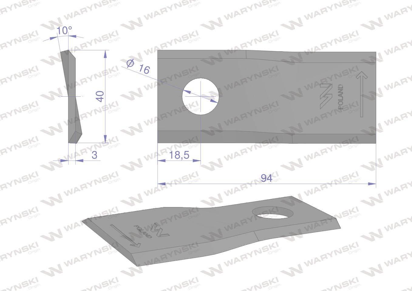 Nóż. nożyk kosiarka lewy 94X40X3mm otwór 16 zastosowanie RF 94 Famarol WARY - zdjęcie 2