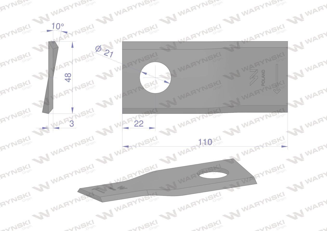 Nóż. nożyk kosiarka prawy 110x48x3mm otwór 21 zastosowanie 108P Galfre WARY - zdjęcie 2