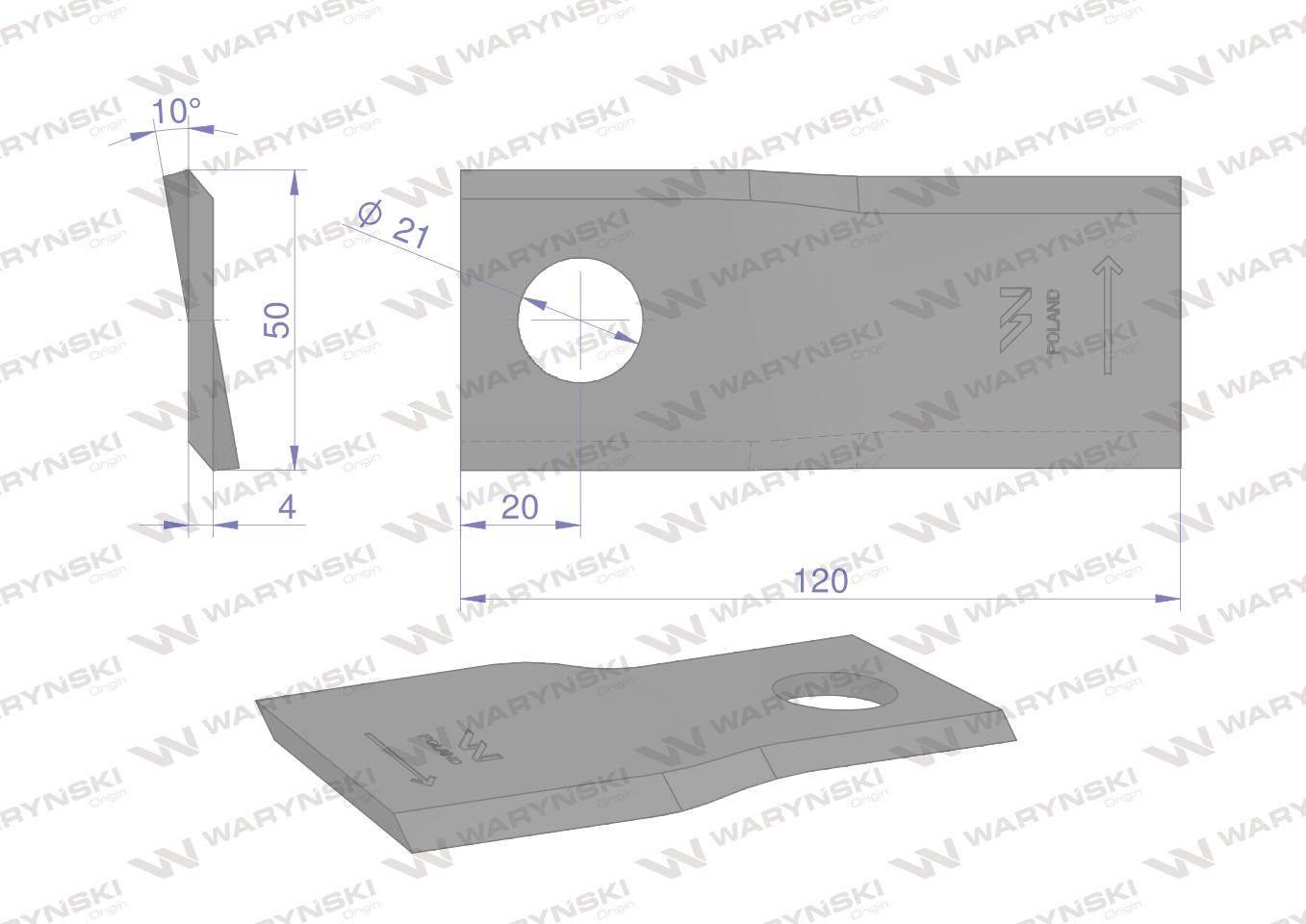 Nóż. nożyk kosiarka lewy 120X50X4mm otwór 21 zastosowanie RF 120/4 Pronar W - zdjęcie 2