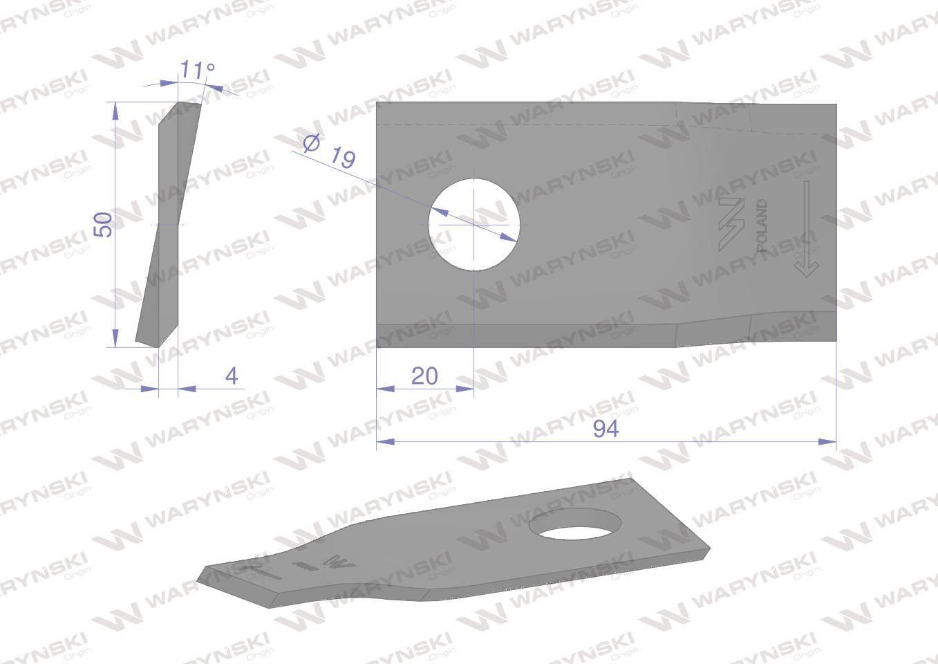 Nóż. nożyk kosiarka prawy 94x50x4mm otwór 19 zastosowanie 58031192 BCS WARY - zdjęcie 2