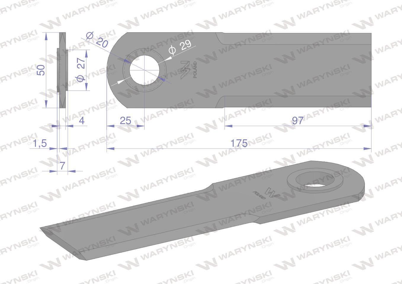 Nóż obrotowy rozdrabniacz słomy sieczkarnia 175x50x4mm otwór 20 zastosowani - zdjęcie 2