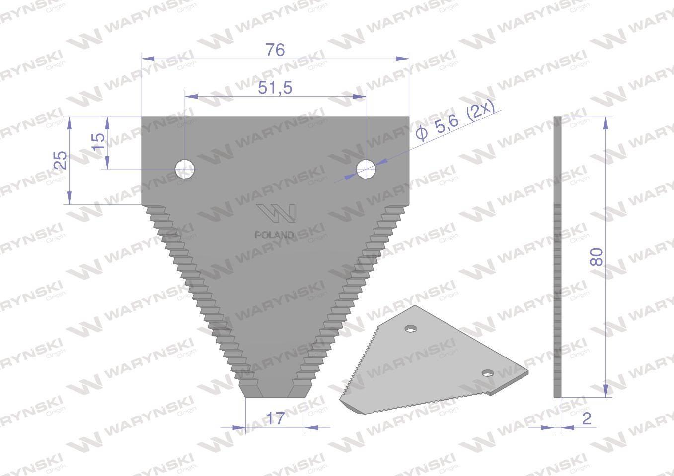Nóż żniwny 80x76x2mm otwór 5.5 zastosowanie C15 WARYŃSKI 25szt WKZ80X76X2 - zdjęcie 2