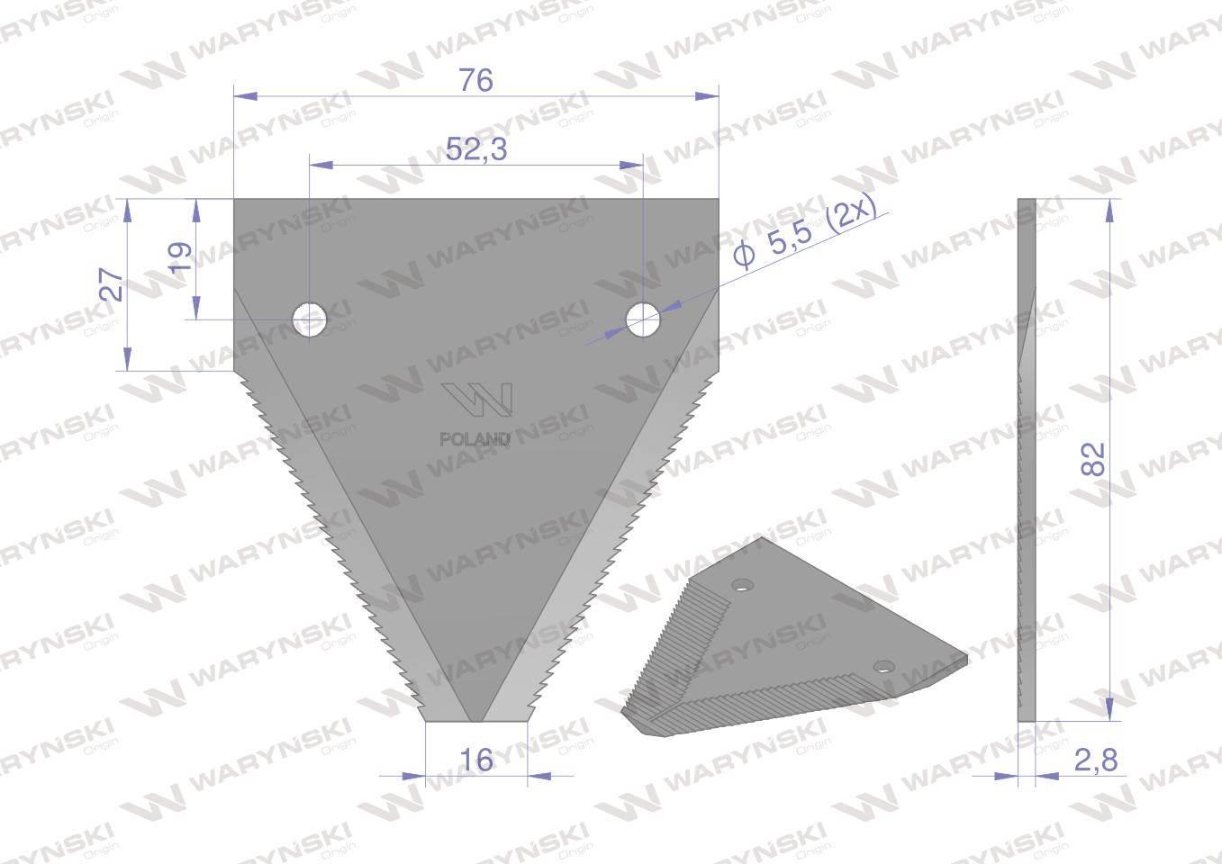Nóż żniwny 82x76x2.8mm otwór 5.5 zastosowanie S82 New Holland WARYŃSKI 25sz - zdjęcie 2