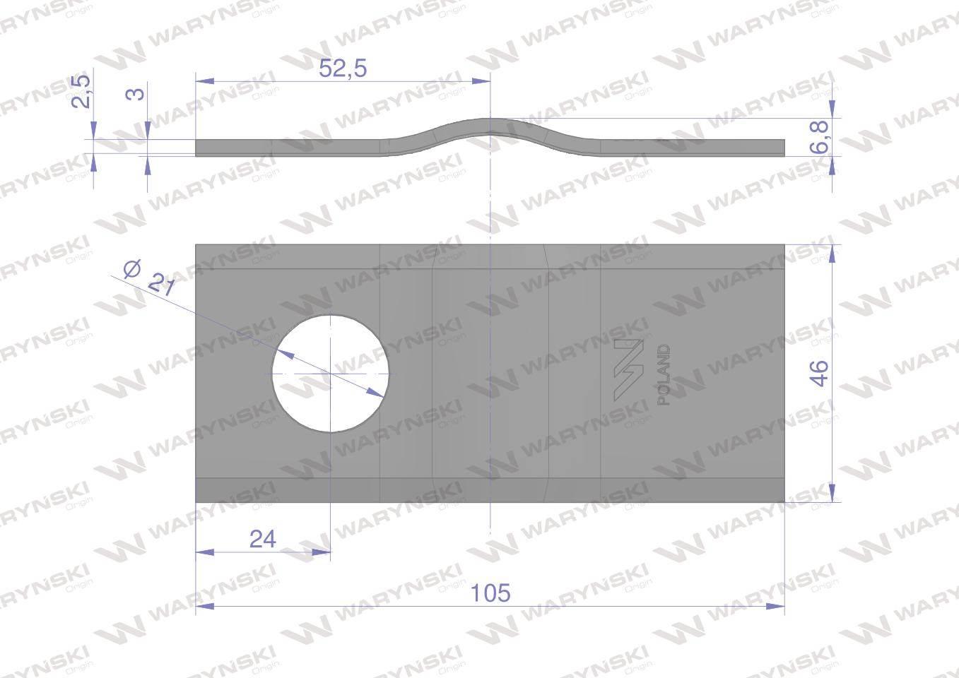Nóż. nożyk kosiarka gięty 105x46x3mm otwór 21 zastosowanie CM120 Vicon Kver - zdjęcie 2