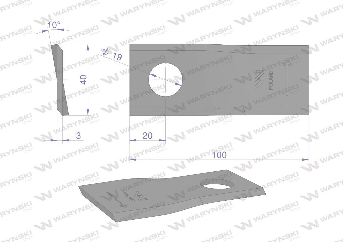 Nóż. nożyk kosiarka lewy 100X40X3mm otwór 19 zastosowanie RS 100/3 Sipma WA - zdjęcie 2