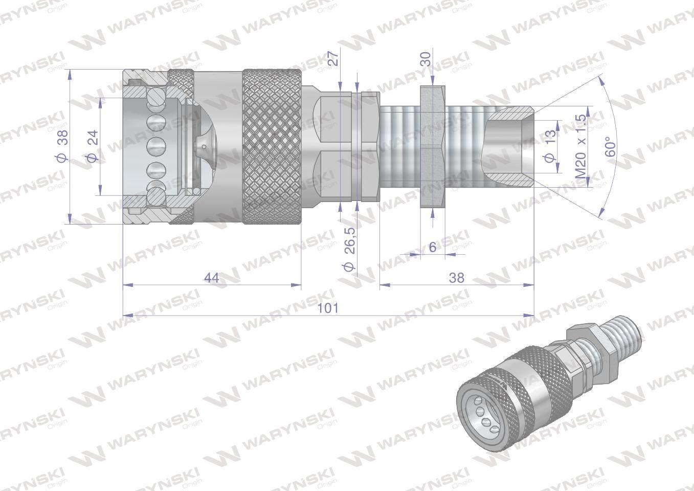 Szybkozłącze hydrauliczne gniazdo long z eliminatorem ciśnienia M20x1.5 gwi - zdjęcie 2