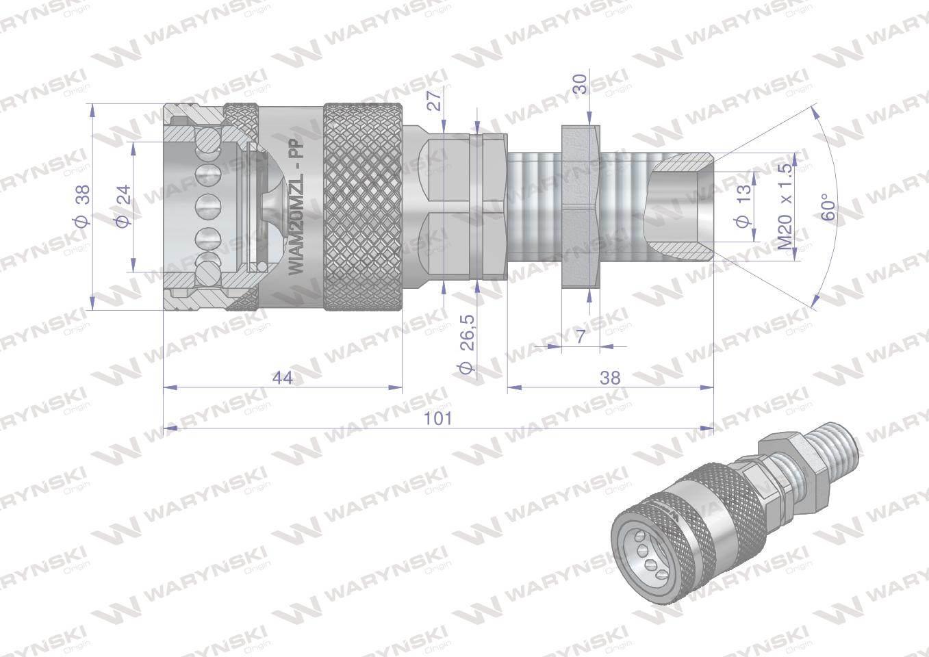 Szybkozłącze hydrauliczne gniazdo long M20x1.5 gwint zewnętrzny EURO PUSH-P - zdjęcie 2